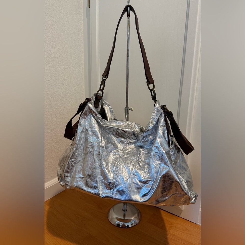 Women's Metallic Silver Shoulder Bag with Brown Straps